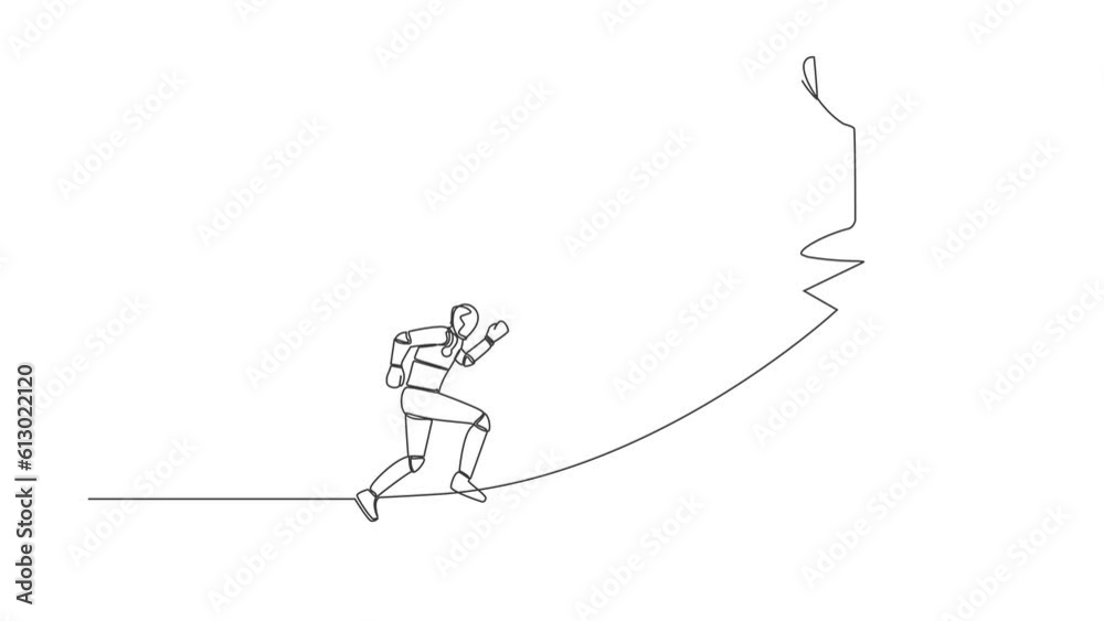 Poster animated self drawing of single continuous line draw of robot running on forward arrow to get trophy