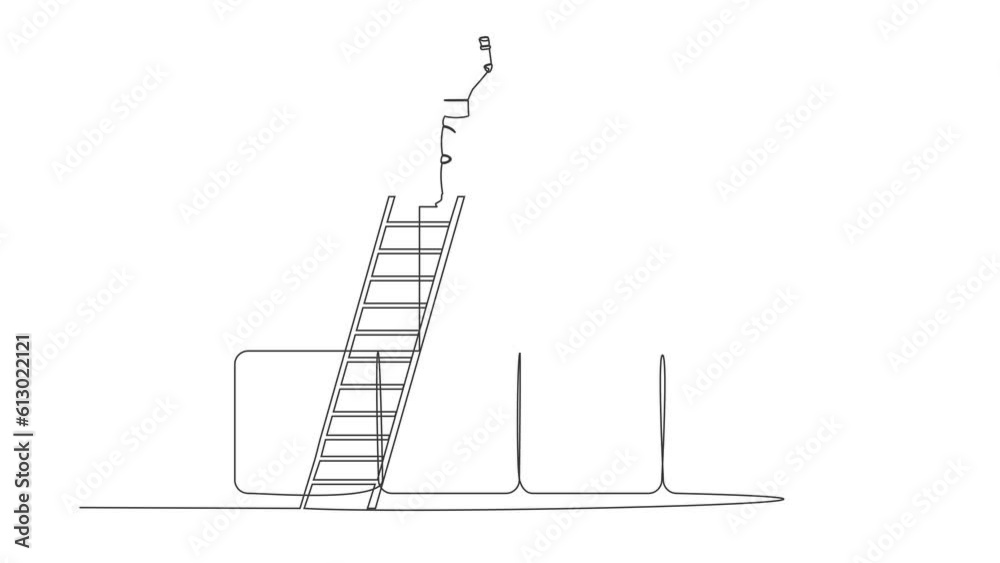 Poster self drawing animation of single line draw robot climb ladder standing with fist up gesture on graph