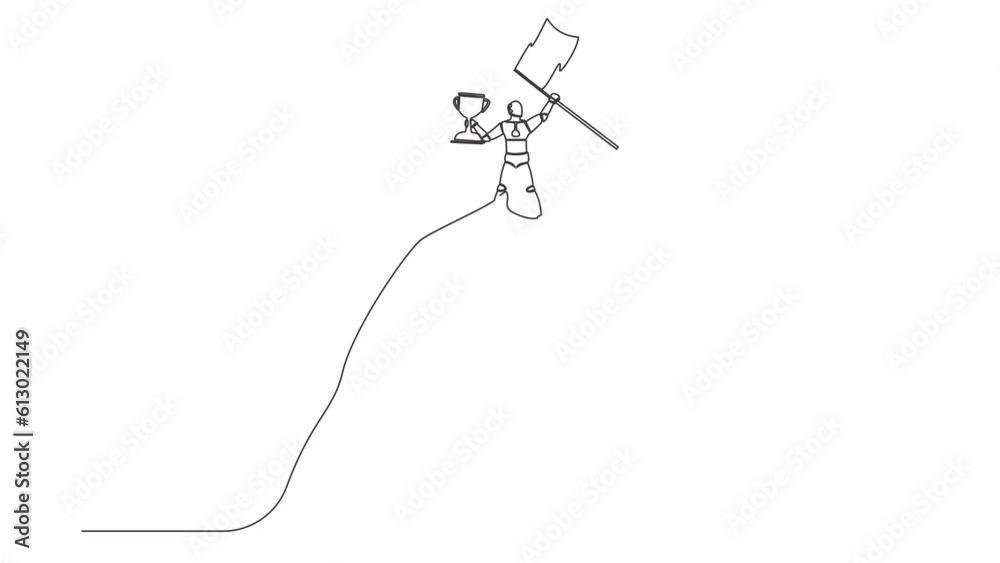 Poster animated self drawing of continuous line draw robot lifting up trophy flag on top of mountain. winne