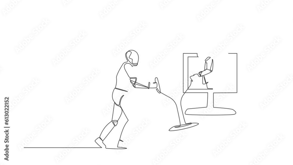 Poster self drawing animation of single line draw of robot get trophy from person on computer screen. award