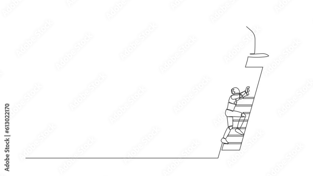 Poster self drawing animation of single line draw robot climb ladder to get trophy. motivation to success. 