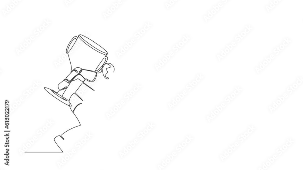 Poster animated self drawing of continuous line draw robot carrying huge trophy on back. heavy burden of te