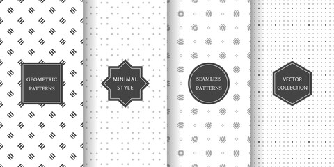 Set of seamless geometric patterns in dark gray and white. Minimal, modern, and elegant patterns with small geometric elements.