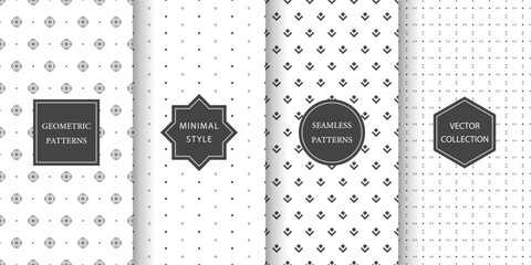 Set of seamless geometric patterns in dark gray and white. Minimal, modern, and elegant patterns with small geometric elements.