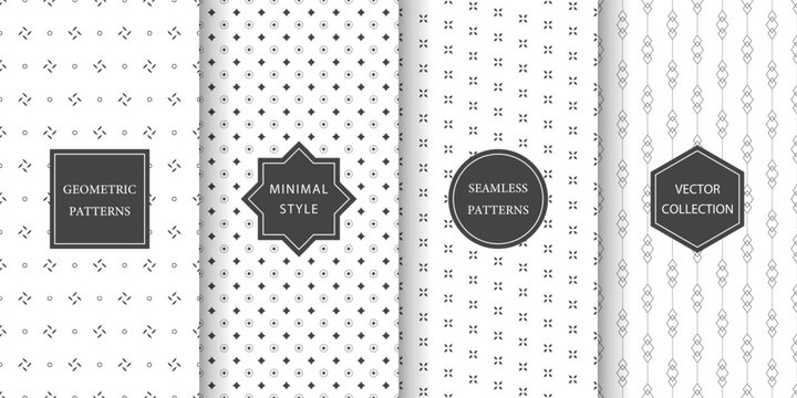 Set of seamless geometric patterns in dark gray and white. Minimal, modern, and elegant patterns with small geometric elements.