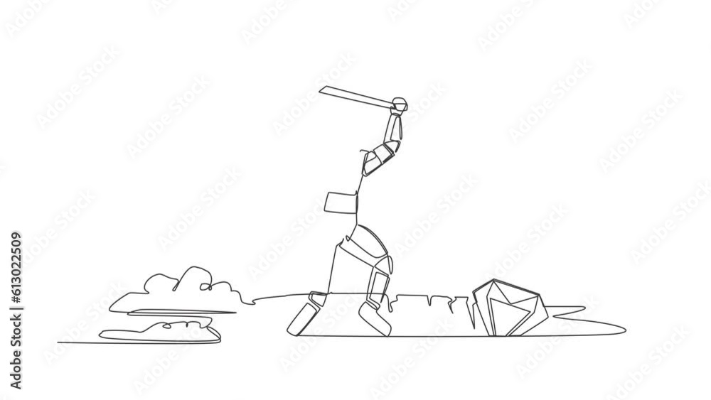 Poster animated self drawing of continuous line draw young astronaut in moon hole prancing while lifting pi