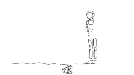 Animated self drawing of continuous line draw of astronaut with metal detector looking for pile of diamonds. Spaceman hunter finding precious stone. Cosmonaut space. Full length single line animation