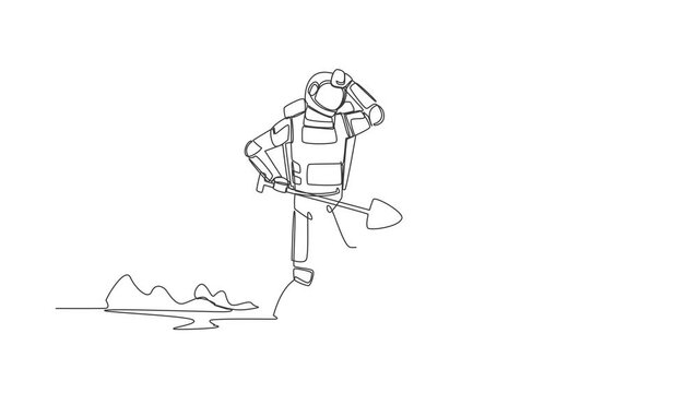 Animated self drawing of continuous line draw astronaut carrying chest treasure in moon ground. Spaceman finding gem box artefact. Gold hunting. Cosmonaut deep space. Full length one line animation