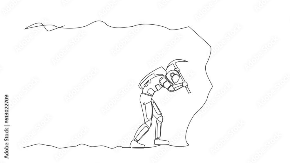 Poster animated self drawing of continuous line draw astronaut digging with pickaxe in moon cave. looking f