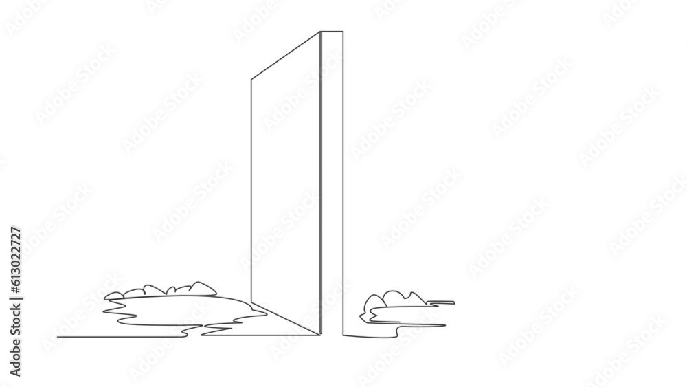 Poster self drawing animation of single line draw astronaut digging tunnel under wall or obstacle on border