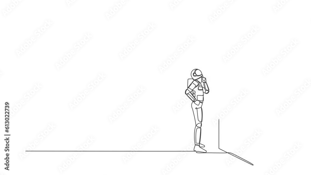 Poster animated self drawing of continuous line draw astronaut thinking in front of big obstacle or wall in