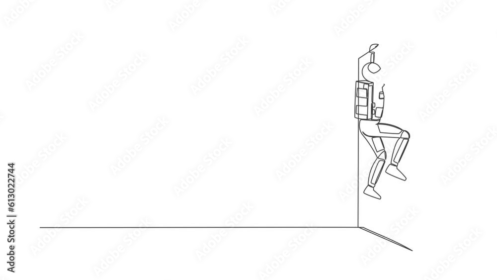 Poster animated self drawing of continuous line draw astronaut climbing obstacle wall in moon surface. solv