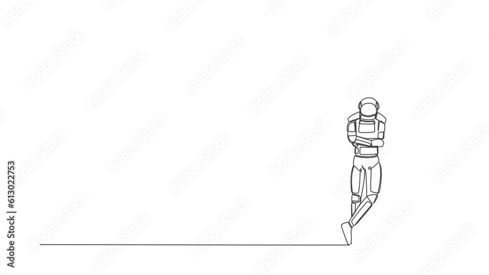 Poster Animated self drawing of continuous line draw astronaut standing and leaning against wall in moon surface. Thinking about space exploration. Cosmonaut outer space. Full length single line animation
