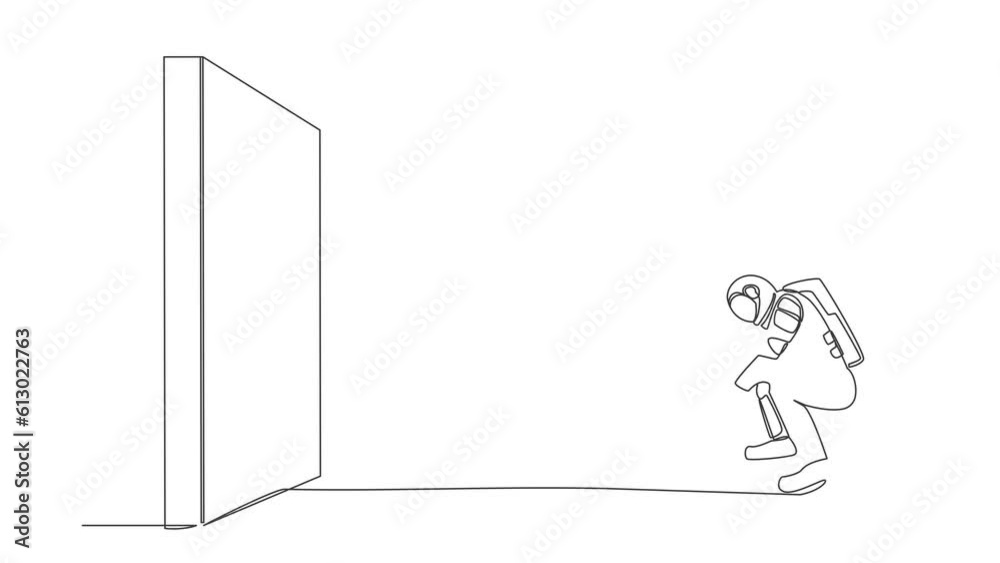Poster animated self drawing of continuous line draw astronaut ignites cannon in front of wall, want to des