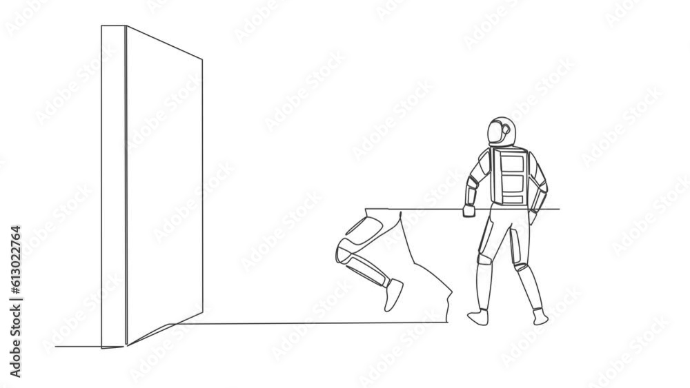 Poster animated self drawing of continuous line draw astronaut holding large log together to destroying wal
