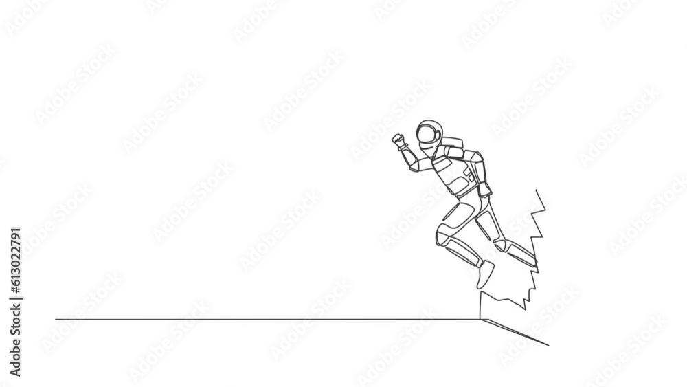 Poster animated self drawing of continuous line draw astronaut run and breaking through brick wall in moon 