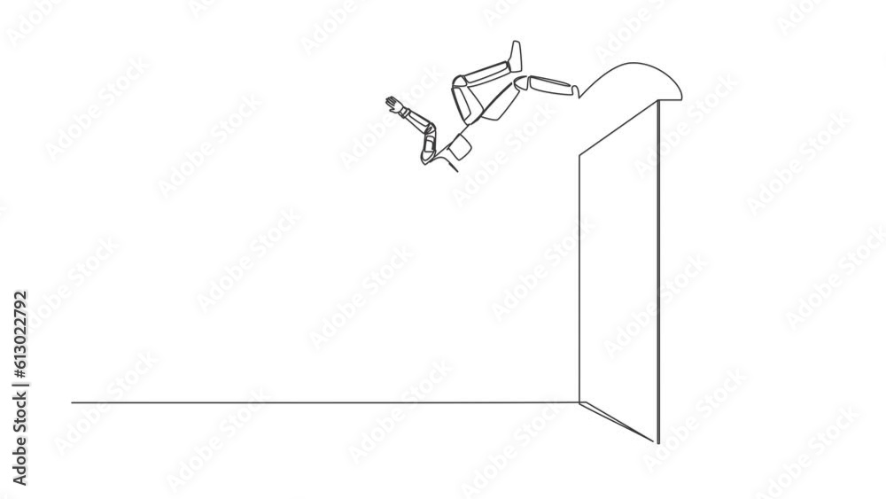 Poster animated self drawing of continuous line draw astronaut jumping over brick wall with acrobatic style