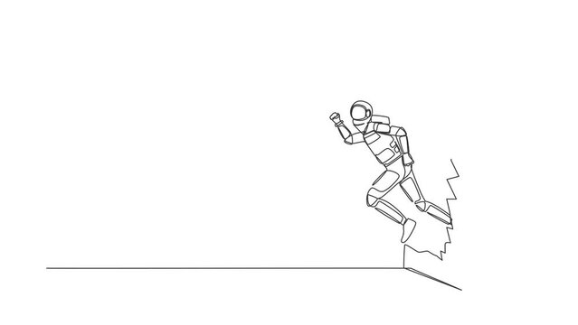 Animated self drawing of continuous line draw astronaut run and breaking through brick wall in moon surface. Future spaceship tech development. Cosmonaut deep space. Full length one line animation
