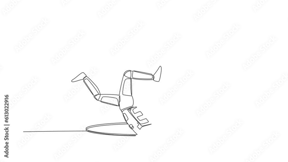 Poster animated self drawing of continuous line draw astronaut falling into deep hole. protruding legs from