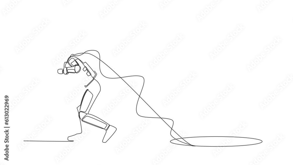 Poster animated self drawing of continuous line draw astronaut trying hard pulling rope to drag something f