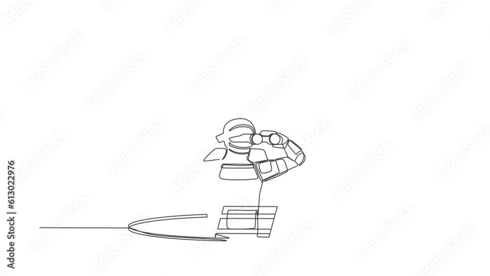 Poster animated self drawing of continuous line draw astronaut climb out of hole by ladder, using binocular