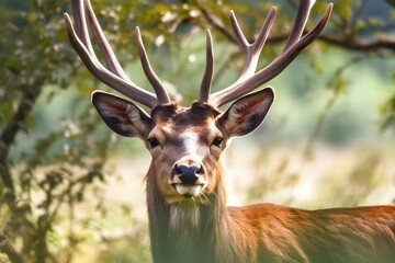 Closeup of an elk surrounded by greenery in a field under. Generative AI