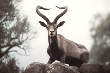 Closeup of an ibex on a rock in the wilderness realistic. Generatve AI