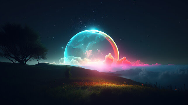 landscape with colorful moon background,  ai generated 