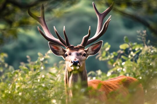 Closeup of an elk surrounded by greenery in a field under. Generative AI