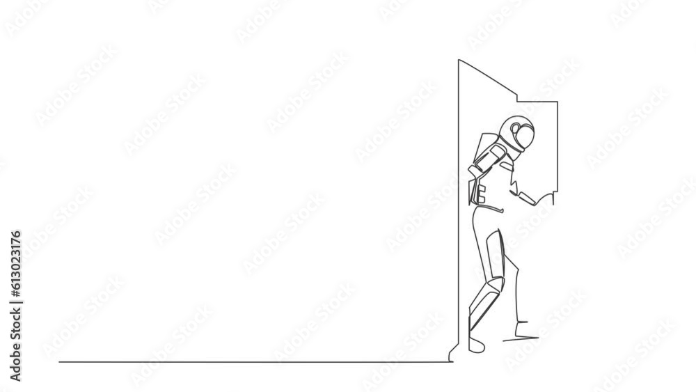 Poster animated self drawing of continuous line draw astronaut walking through an open door frame in moon s
