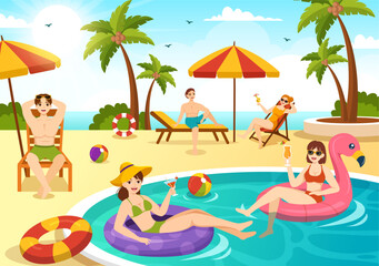 Sunbathing Vector Illustration of People Lying on Chaise Lounge and Relaxing on Beach Summer Holidays in Flat Cartoon Hand Drawn Templates