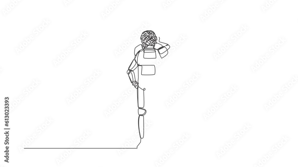 Poster animated self drawing of continuous line draw astronaut with round scribbles instead of head. doubti