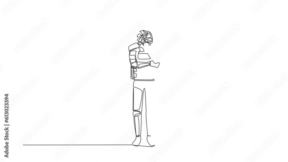 Poster self drawing animation of single line draw astronaut with round scribbles instead of head, standing 