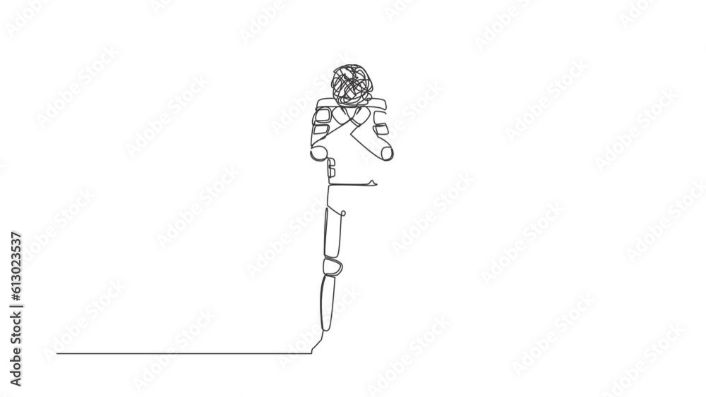 Poster self drawing animation of single line draw astronaut with round scribbles instead of head. spaceman 