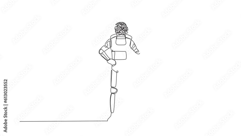 Poster animated self drawing of continuous line draw astronaut with round scribbles instead of head, standi