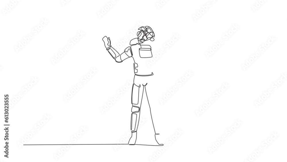 Poster animated self drawing of continuous line draw astronaut with round scribbles instead of head, stop g