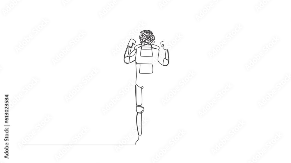 Poster animated self drawing of continuous line draw astronaut with round scribbles instead of head. angry 