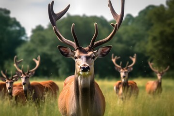 Naklejka na ściany i meble Red deer in the nature habitat during the deer rut europe. Generative AI