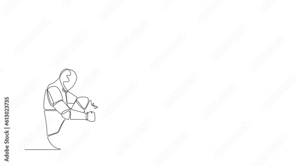 Poster animated self drawing of continuous line draw depressed robot emotion sadness melancholy sitting in 