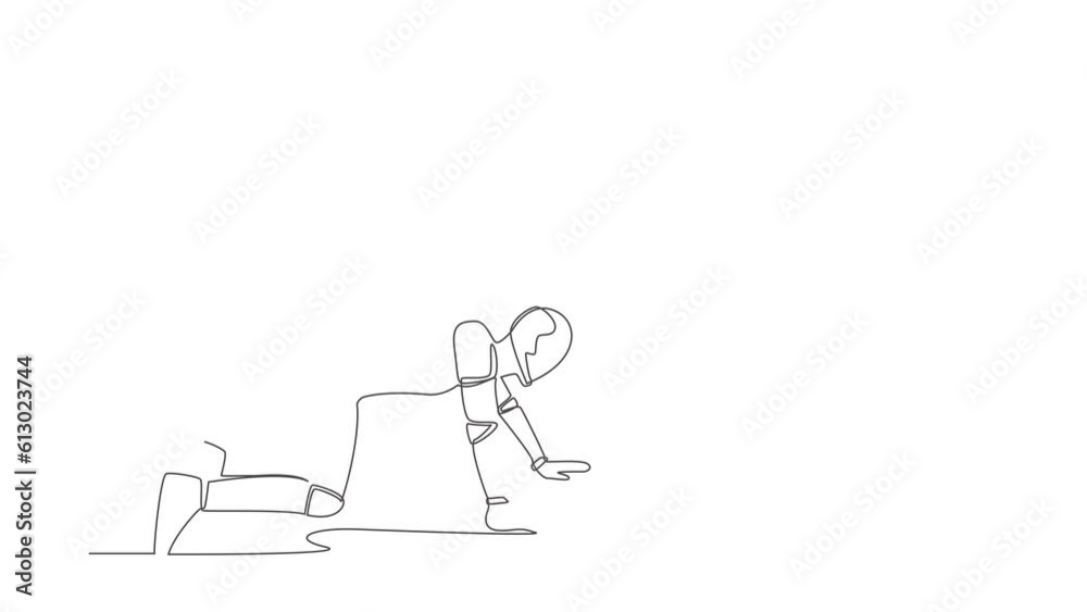Poster animated self drawing of continuous line draw depressed robot crawling in despair on the floor. frus
