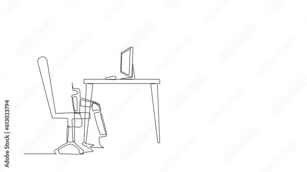 Poster animated self drawing of continuous line draw exhausted young astronaut sitting with head down on de