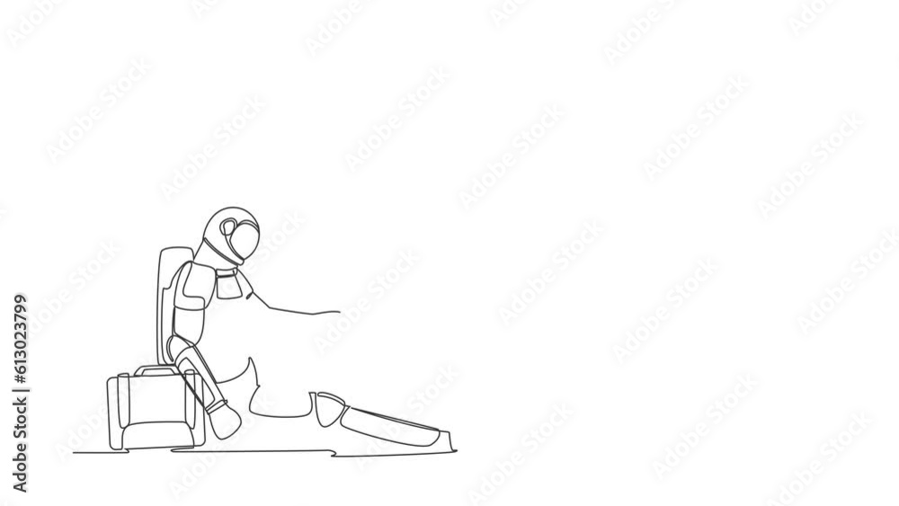 Poster animated self drawing of continuous line draw astronaut with briefcase sitting in despair on floor. 