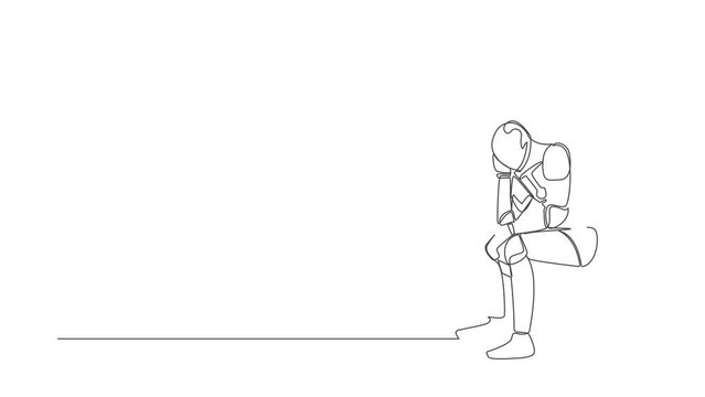 Self drawing animation of single line draw sad depressed robot sitting on chair thinking about paying bills during crisis. Artificial intelligence. Technology. Continuous line. Full length animated