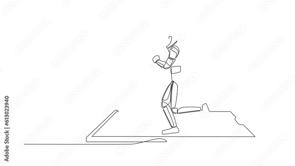 Poster animated self drawing of continuous line draw astronaut running on smartphone screen treadmill. exer