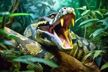 A python in the deep rainforest Flicking its tongue Lush. Generative AI