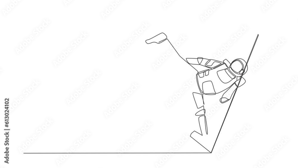 Poster self drawing animation of single line draw taekwondo astronaut in spacesuit doing kick pose getting 