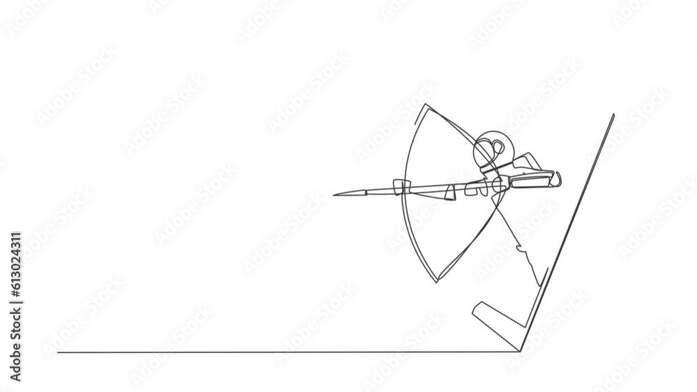 Poster animated self drawing of continuous line draw astronaut with bow arrow getting out of smartphone scr