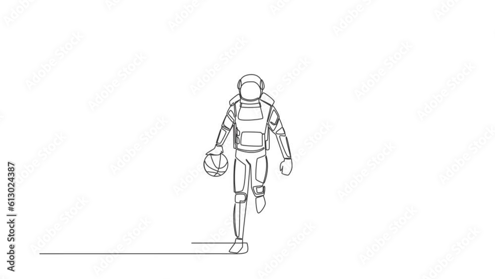 Poster animated self drawing of continuous line draw astronaut basketball player running dribbling with bal