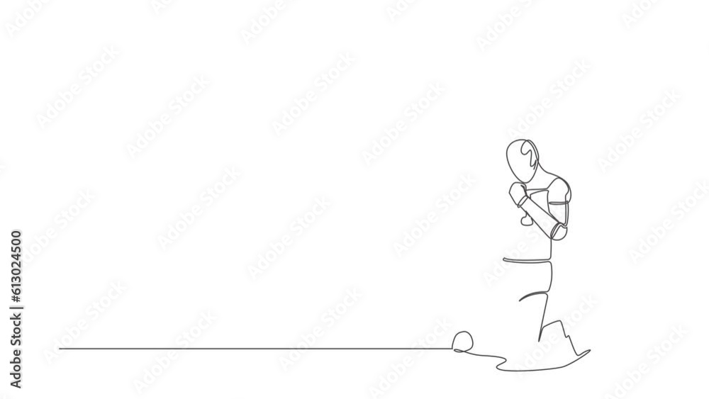 Poster self drawing animation of single line draw robot kneeling with both hands yes gesture. success busin