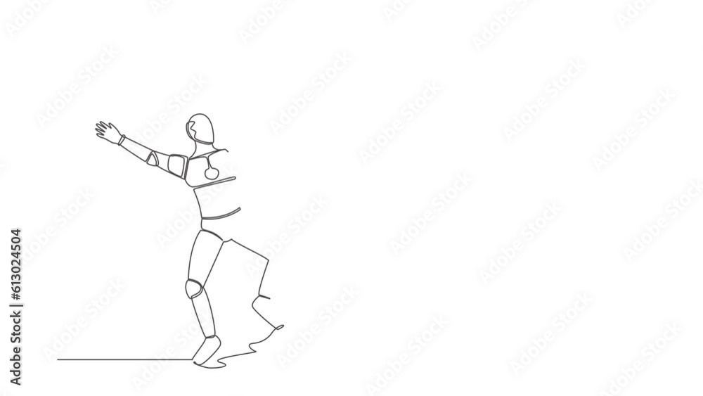 Poster animated self drawing of continuous line draw robot jump with both hands raised. successful in tech 